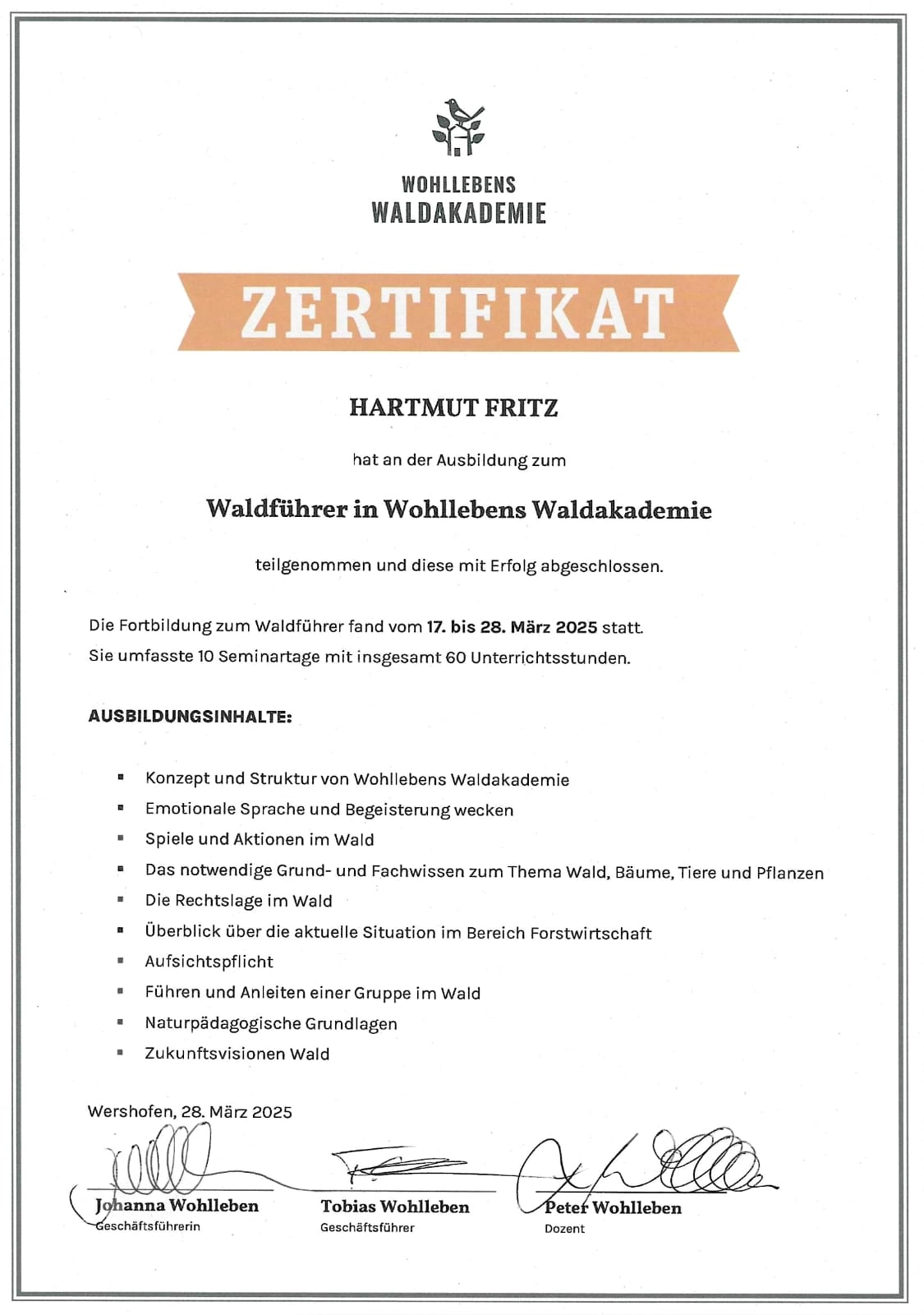 Zertifikat der Wohllebens Waldakademie – erfolgreich abgeschlossene Ausbildung zum Waldführer, März 2025